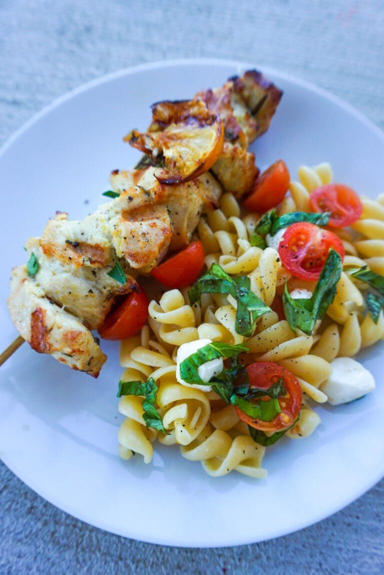 Lemon and Garlic Herb Skewers with Caprese Pasta Salad