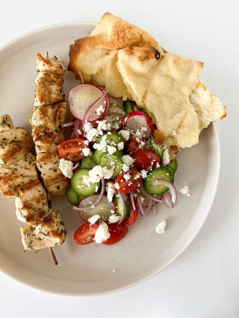Lemon Herb Chicken Skewers + Feta Salad and Naan