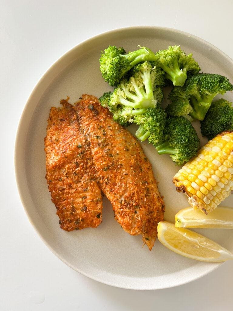 Parmesan Crusted Tilapia, Buttered Corn, and Broccoli