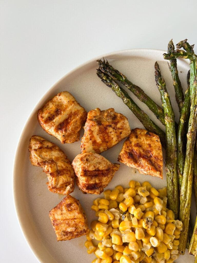 Spicy Grilled Nuggets, Asparagus, and Creamy Fire Roasted Corn