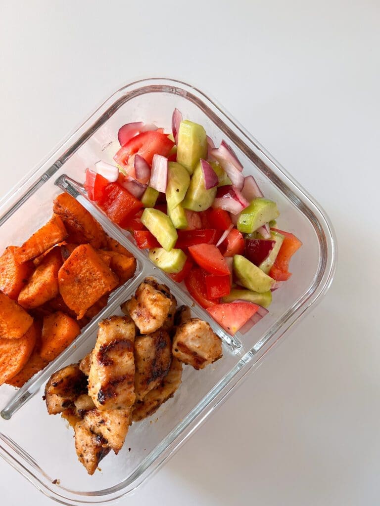 Grilled Cajun Chicken Bites and Roasted Sweet Potatoes Prep