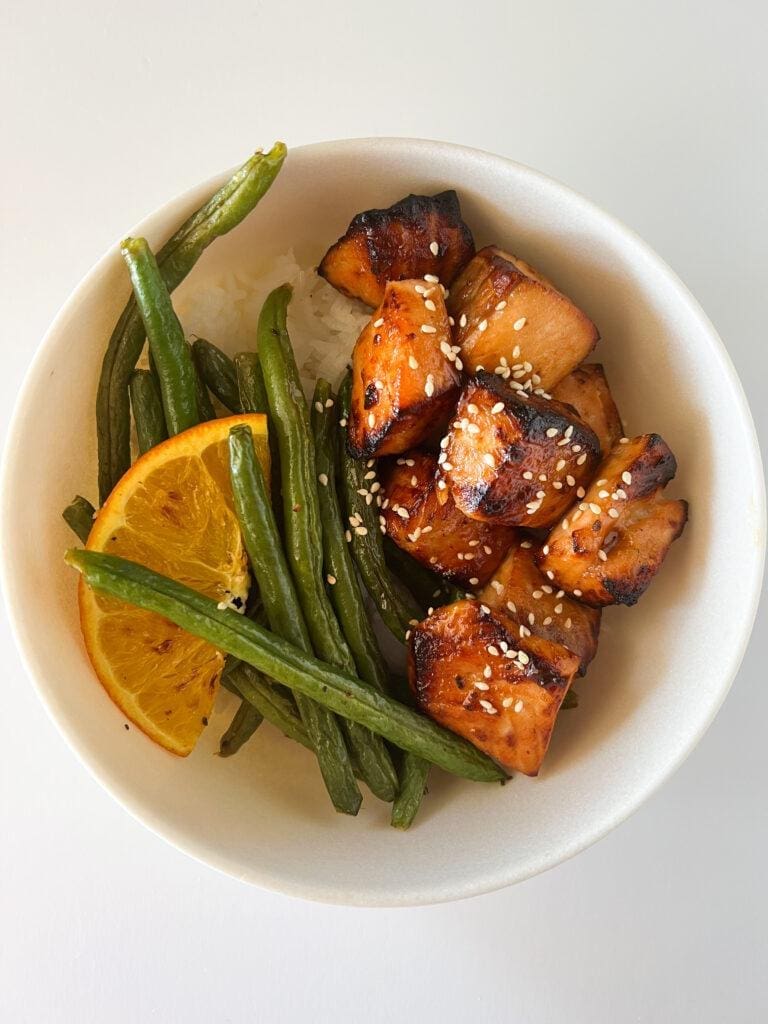 Honey and Soy Salmon, Chicken, or Tofu Bites with Orange Glazed Green Beans