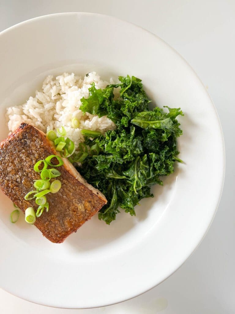Crispy Salmon, Coconut Rice, and Massaged Kale
