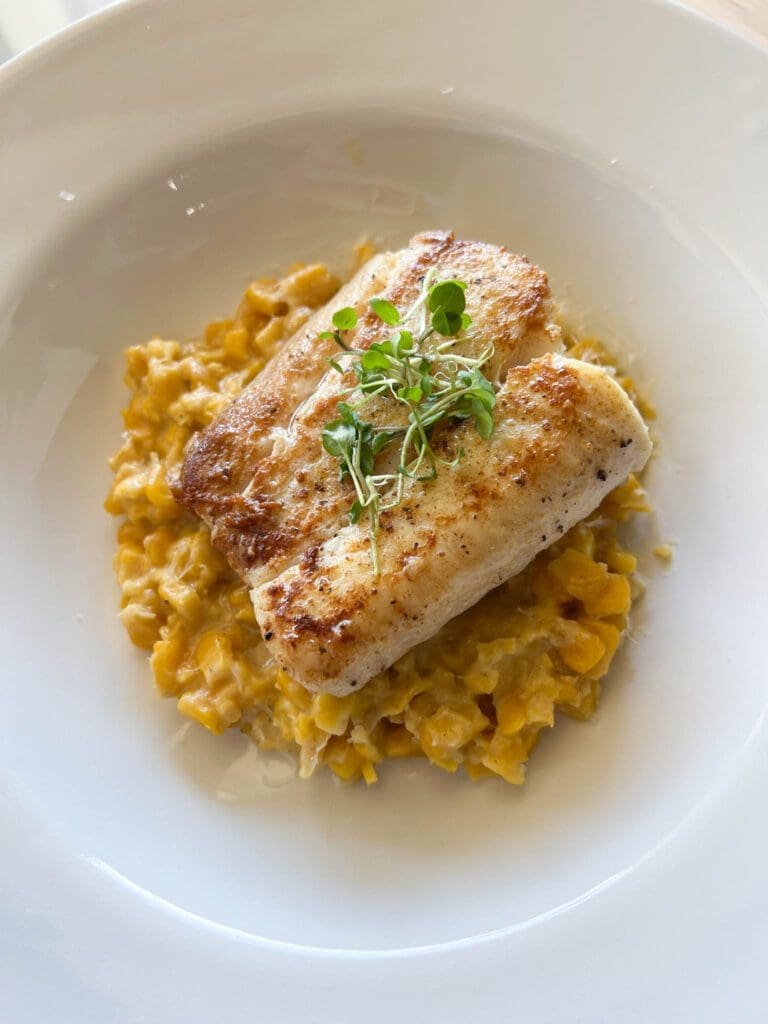 Pan Seared White Fish and Creamed Corn