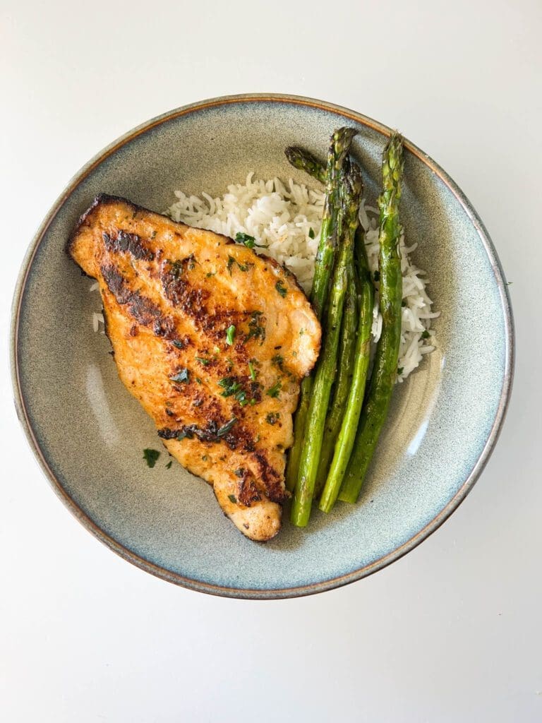 Pan Seared Red Snapper, Rice, and Roasted Asparagus