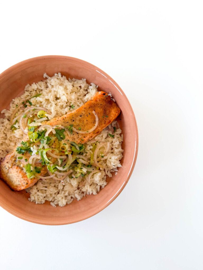 Miso Butter Salmon and Scallion Salsa Verde Rice Bowl