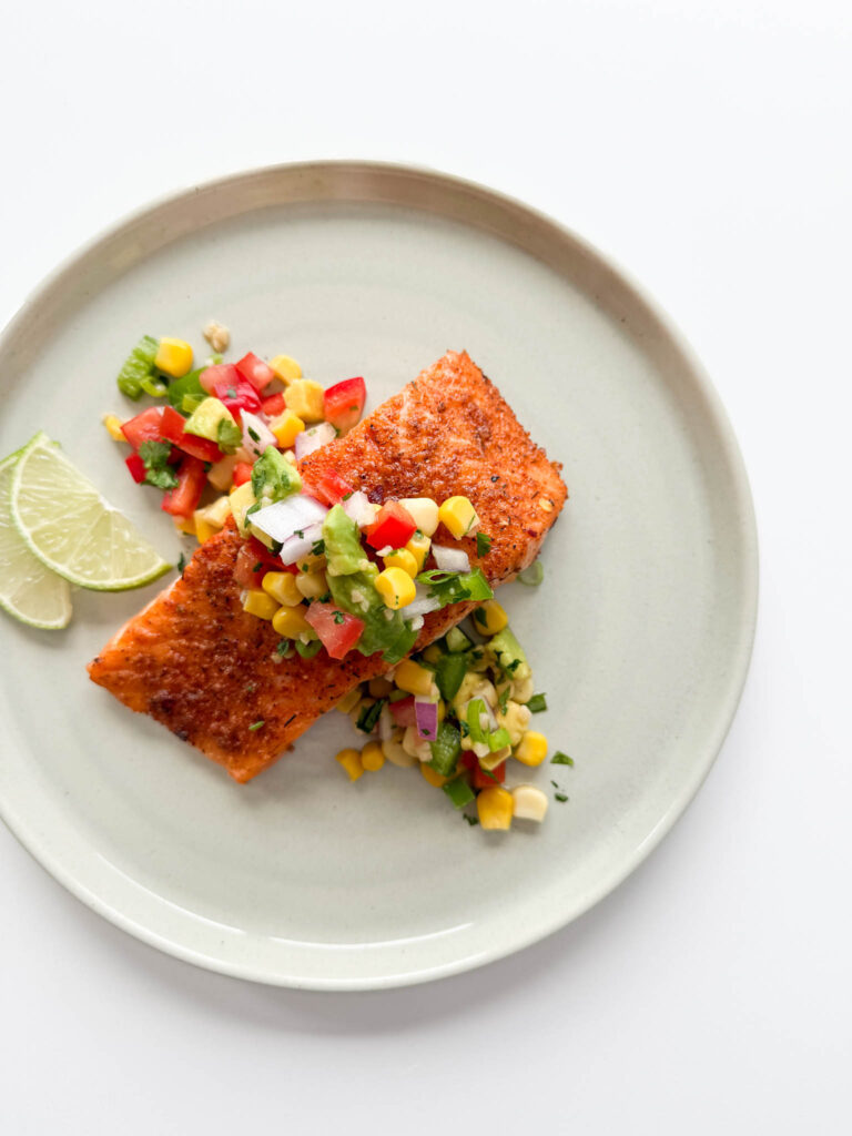 Blackened Salmon & Avocado Corn Salsa