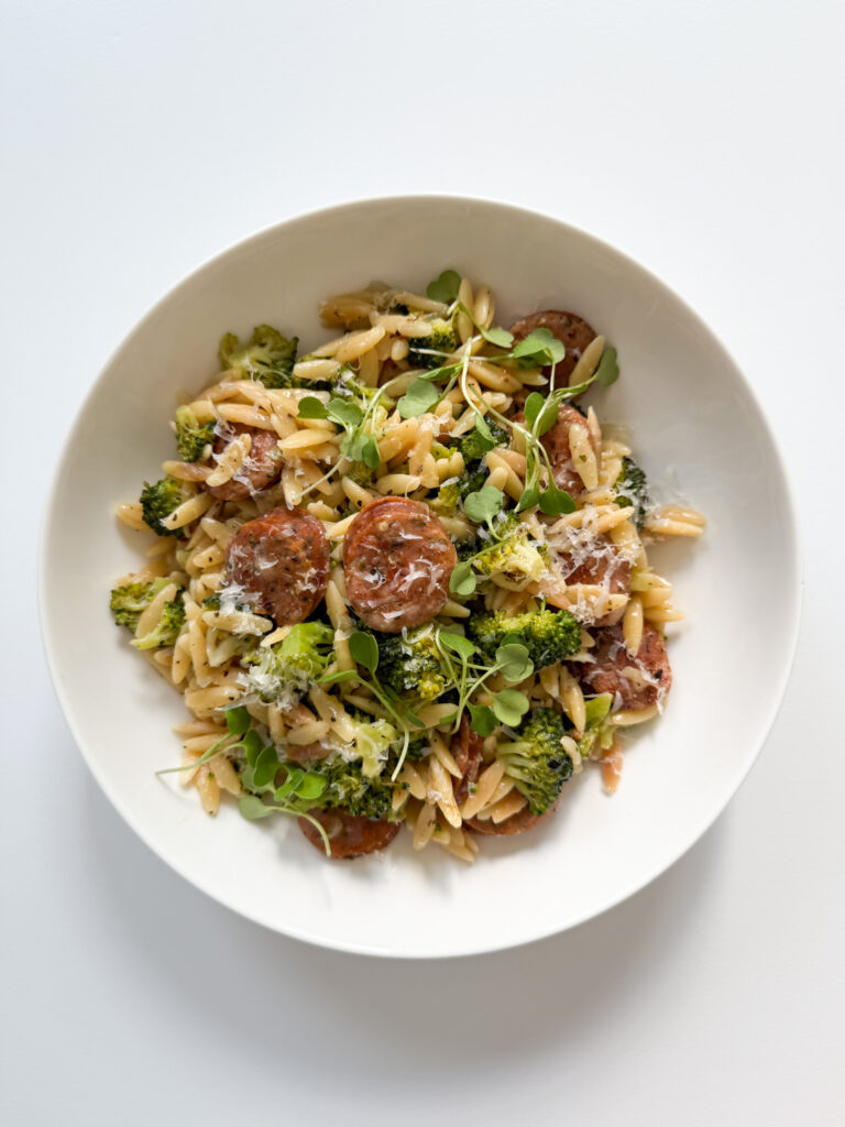 One Pan Chicken Sausage Broccoli Orzo