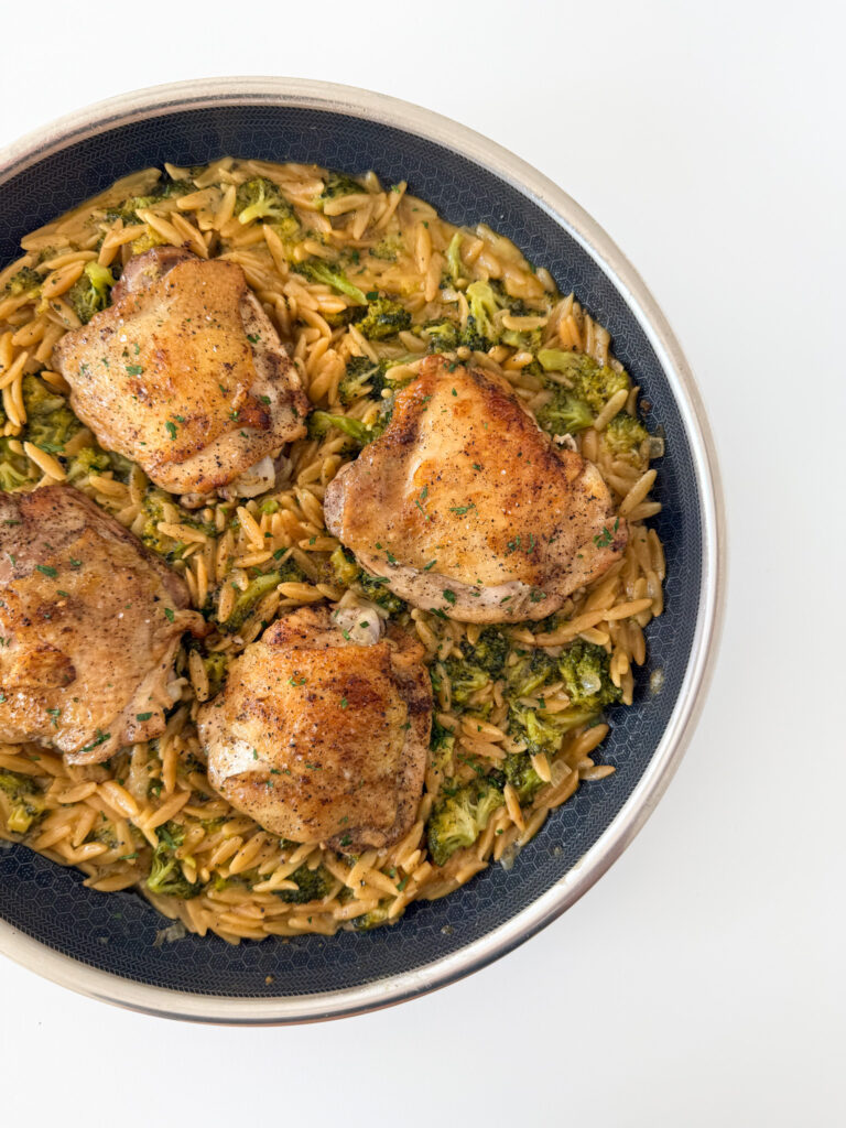 One Pan Chicken and Broccoli Cheddar Orzo